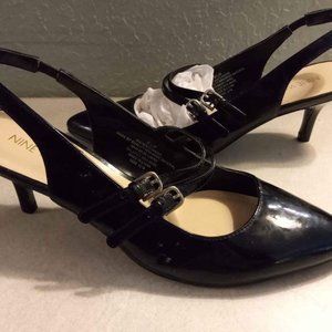 Nine West Black Patent Sling back Heels, Double Strapped, w/Tiny Buckles 8.5 M